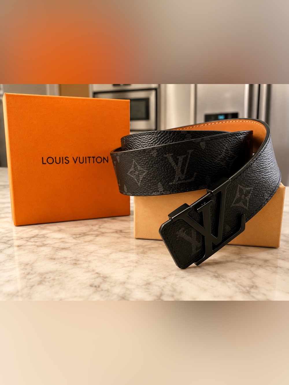 Unlisted Black Monogram Leather Belt with Black LV Buckle. Size 42